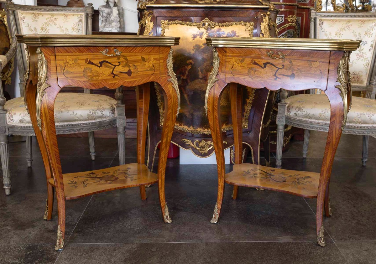 Louis XV Style Side Tables, Napoleon III Period, In Precious Wood Marquetry -photo-6