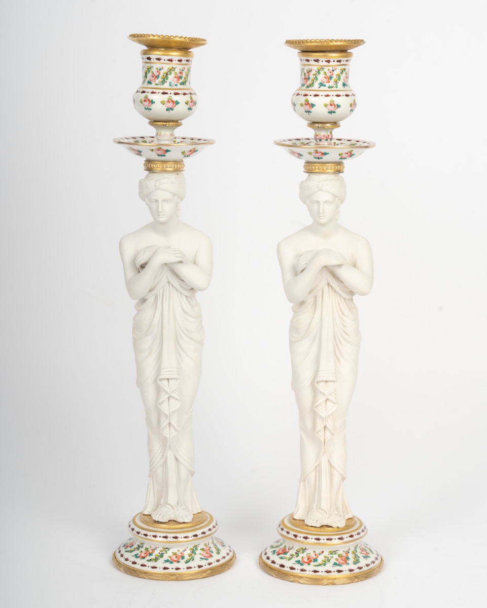A Pair Of Sévres Porcelain And Biscuit Candlesticks, Late 19th Century 