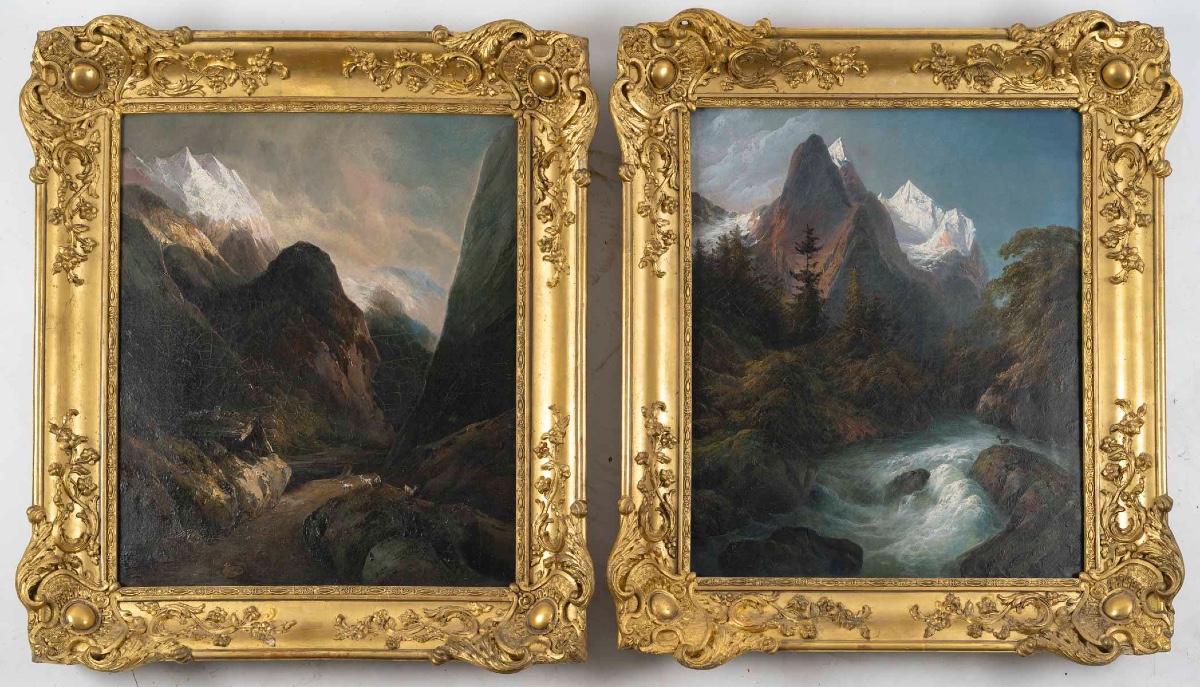 Une paire de tableaux, paysage de montagne fin XIXème siècle 