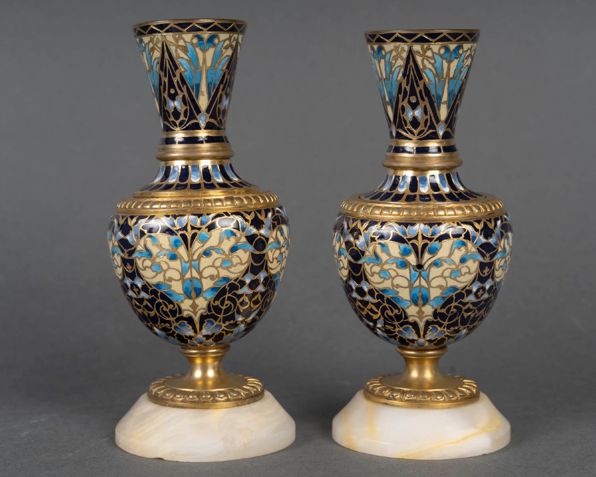 A Pair Of Small Bronze And Cloisonné Enamel Vases From The Late 19th Century -photo-1