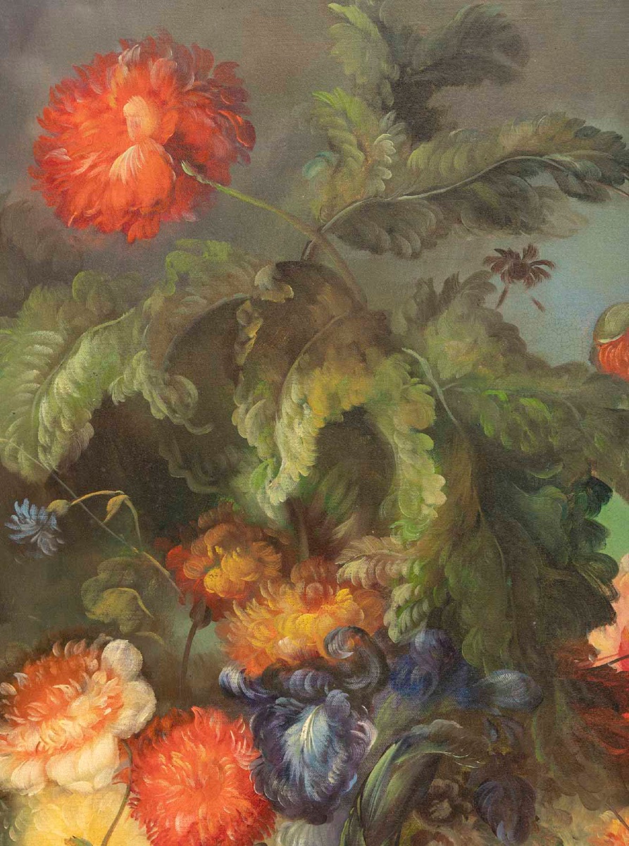 A Large Painting Of Flowers, Oil On Canvas, 20th Century -photo-1
