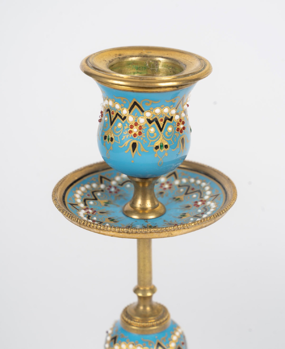 A Pair Of Gilt Bronze And Enamel Candlesticks, Late 19th Century -photo-2