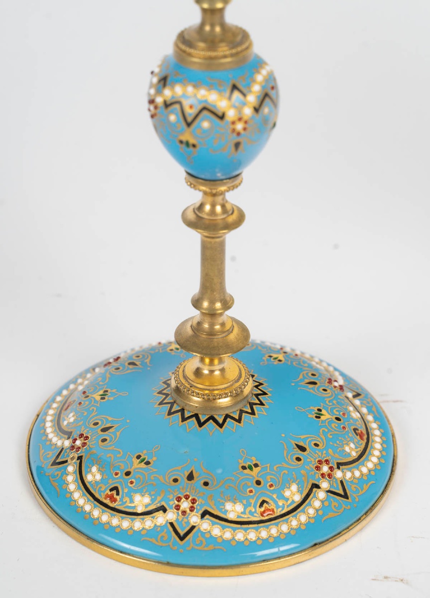 A Pair Of Gilt Bronze And Enamel Candlesticks, Late 19th Century -photo-3
