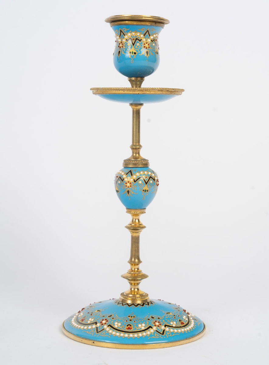 A Pair Of Gilt Bronze And Enamel Candlesticks, Late 19th Century -photo-4