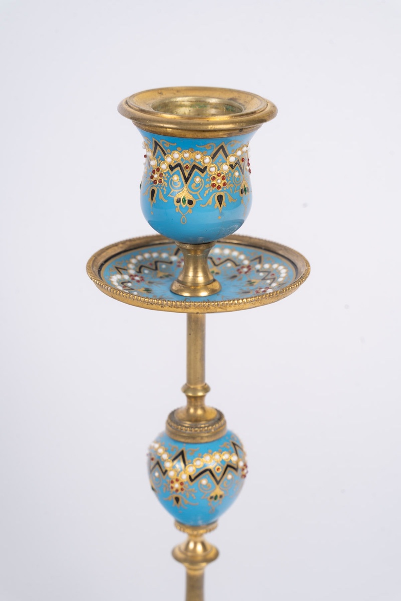 A Pair Of Gilt Bronze And Enamel Candlesticks, Late 19th Century -photo-5