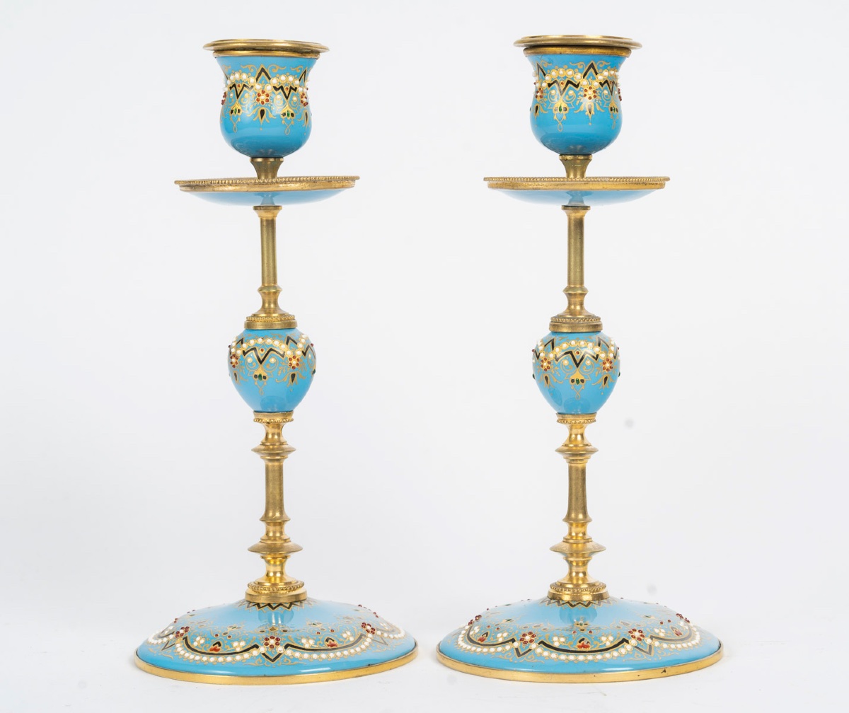 A Pair Of Gilt Bronze And Enamel Candlesticks, Late 19th Century -photo-7