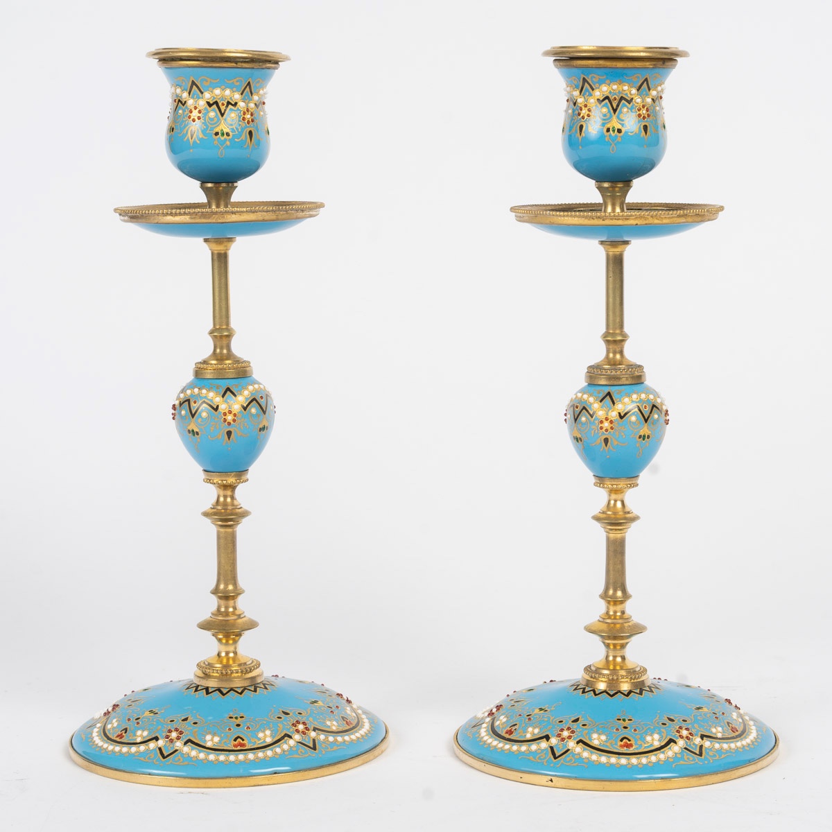 A Pair Of Gilt Bronze And Enamel Candlesticks, Late 19th Century 