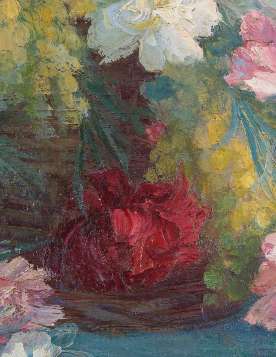 Une Huile sur toile nature morte aux fleurs , XIXème siècle -photo-4