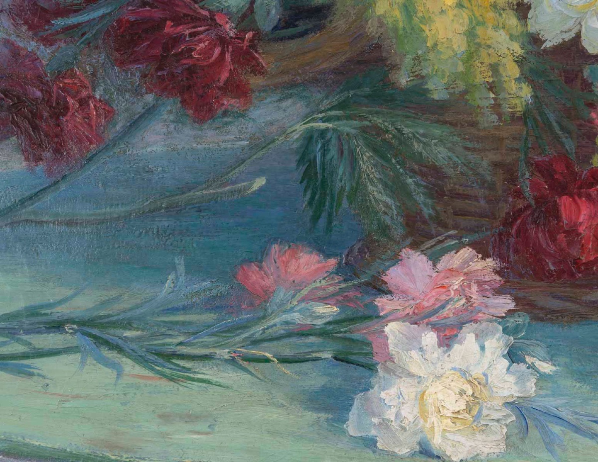 Une Huile sur toile nature morte aux fleurs , XIXème siècle -photo-5