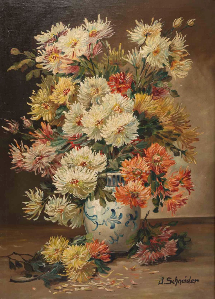 Un tableaux de fleurs chrysanthèmes, signé J Shneider-photo-2