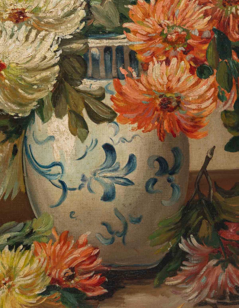 Un tableaux de fleurs chrysanthèmes, signé J Shneider-photo-1