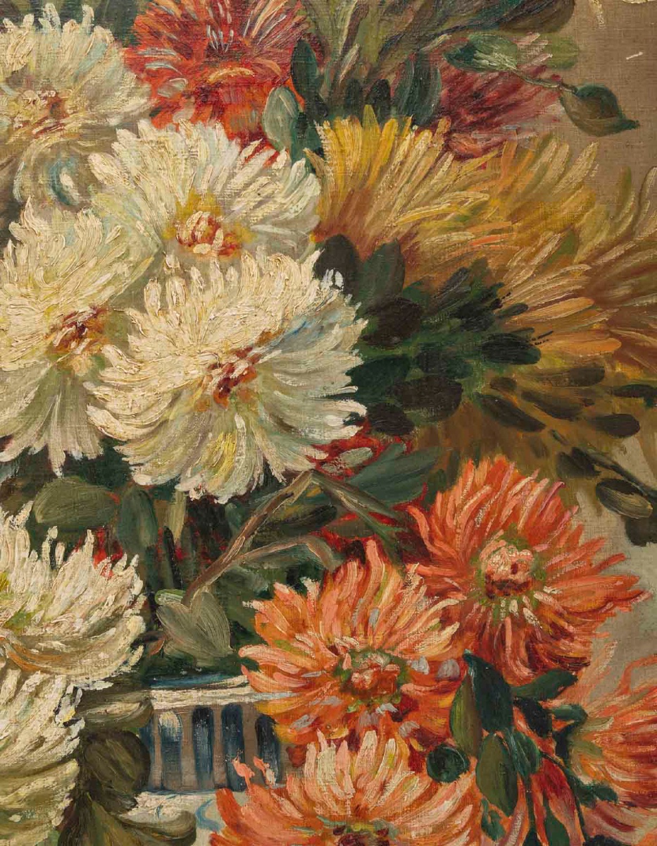 Un tableaux de fleurs chrysanthèmes, signé J Shneider-photo-2