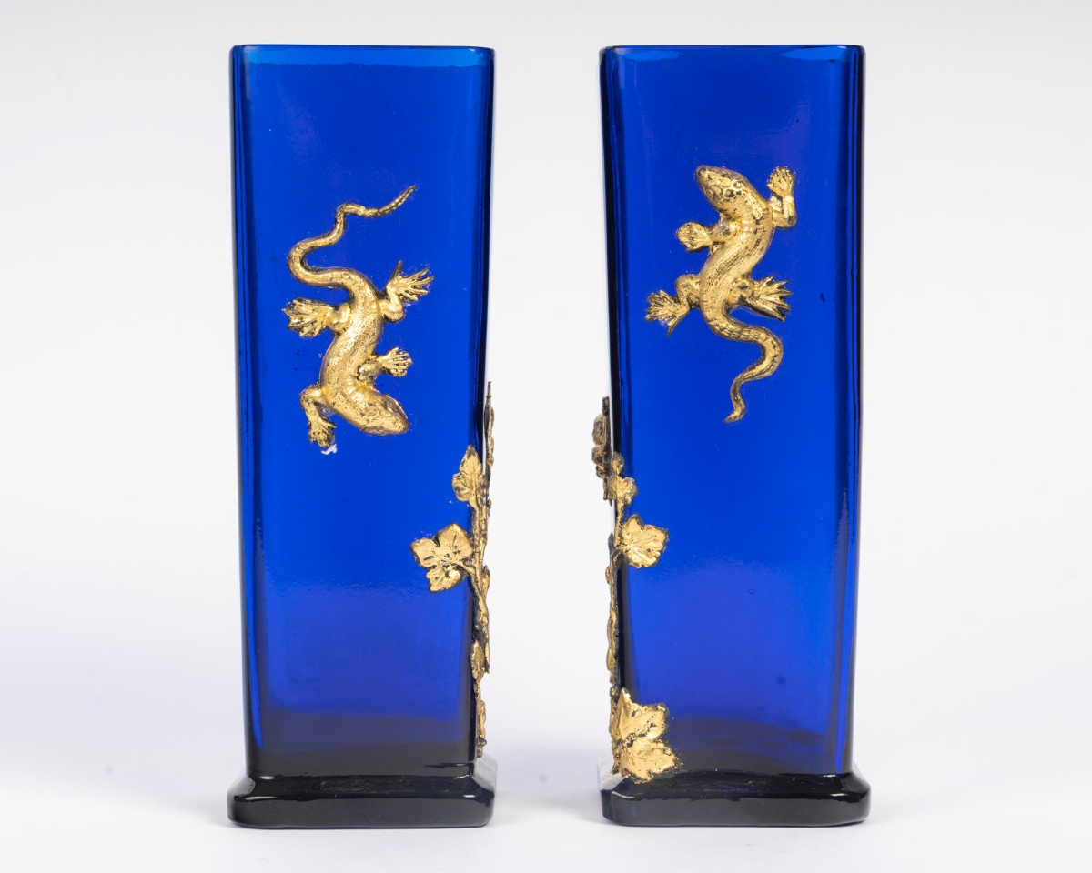 A Pair Of Art Nouveau Blue Crystal Vases-photo-1