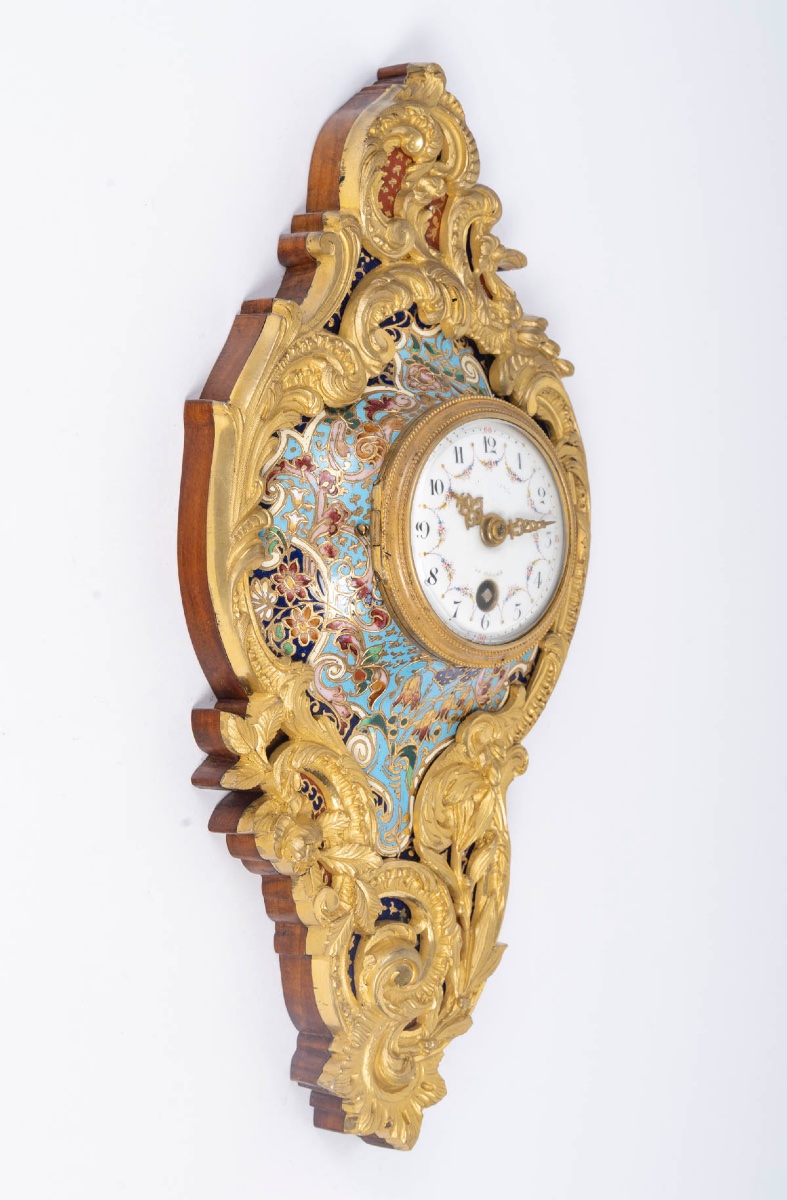 Gilt Bronze And Cloisonné Enamel Wall-mounted Cartel, Louis XV Style, XIXᵉ Century-photo-2