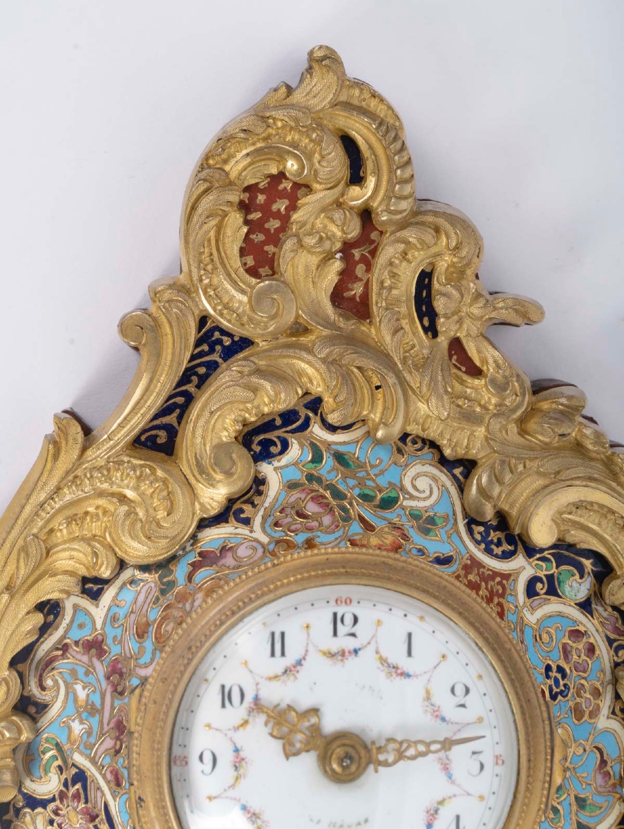 Gilt Bronze And Cloisonné Enamel Wall-mounted Cartel, Louis XV Style, XIXᵉ Century-photo-6