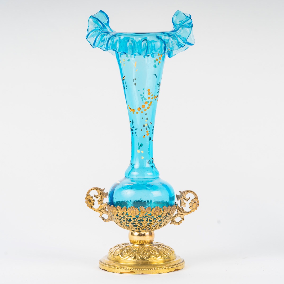 Pair Of Small Art Nouveau Vases In Turquoise Glass And Gilded Brass-photo-2