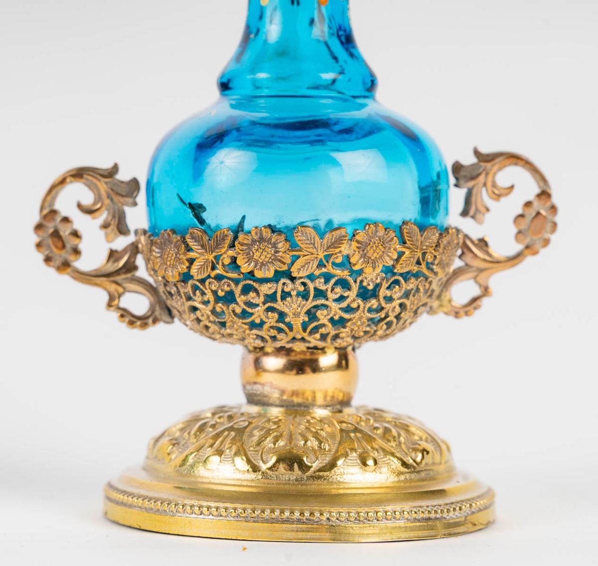 Pair Of Small Art Nouveau Vases In Turquoise Glass And Gilded Brass-photo-1