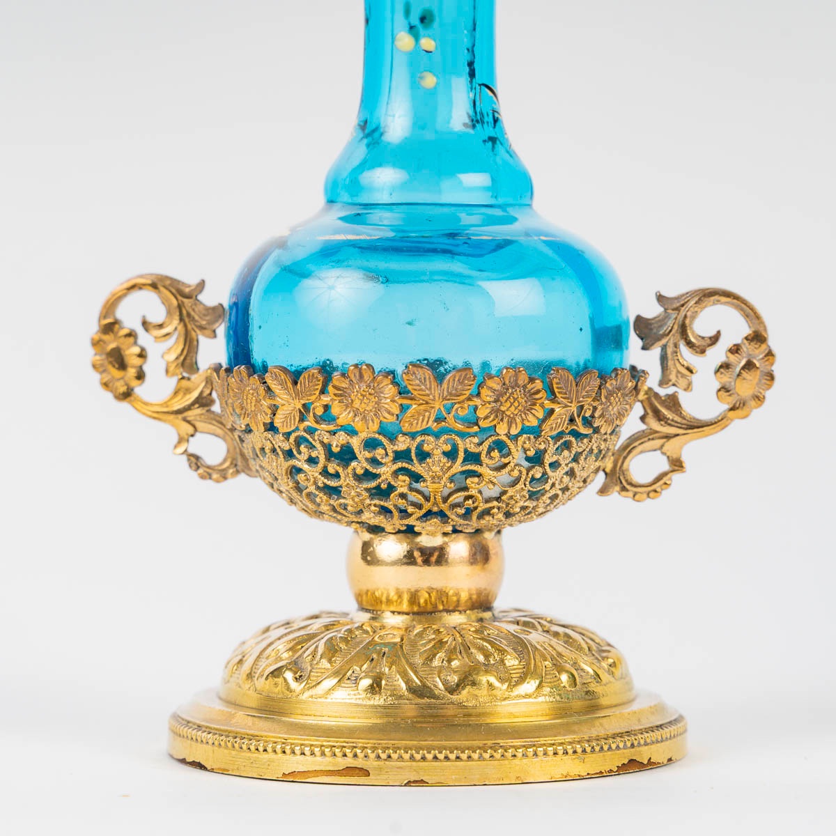 Pair Of Small Art Nouveau Vases In Turquoise Glass And Gilded Brass-photo-2