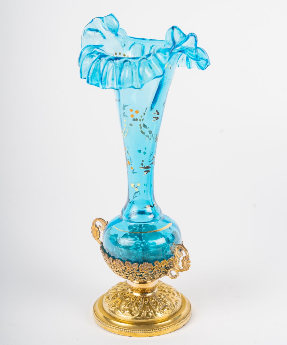 Pair Of Small Art Nouveau Vases In Turquoise Glass And Gilded Brass-photo-3