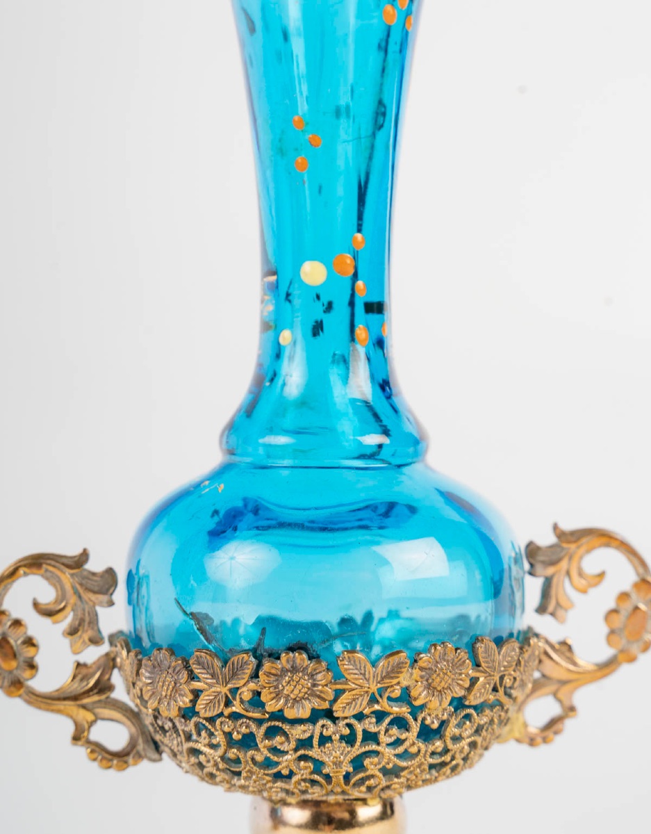 Pair Of Small Art Nouveau Vases In Turquoise Glass And Gilded Brass-photo-4
