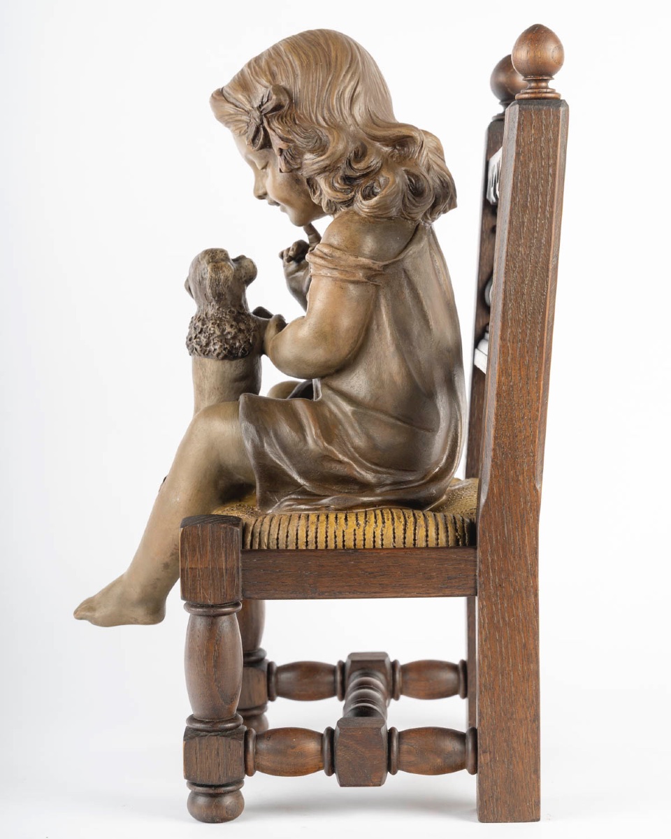 Art Nouveau Terracotta Sculpture - Young Girl With Little Dog-photo-2
