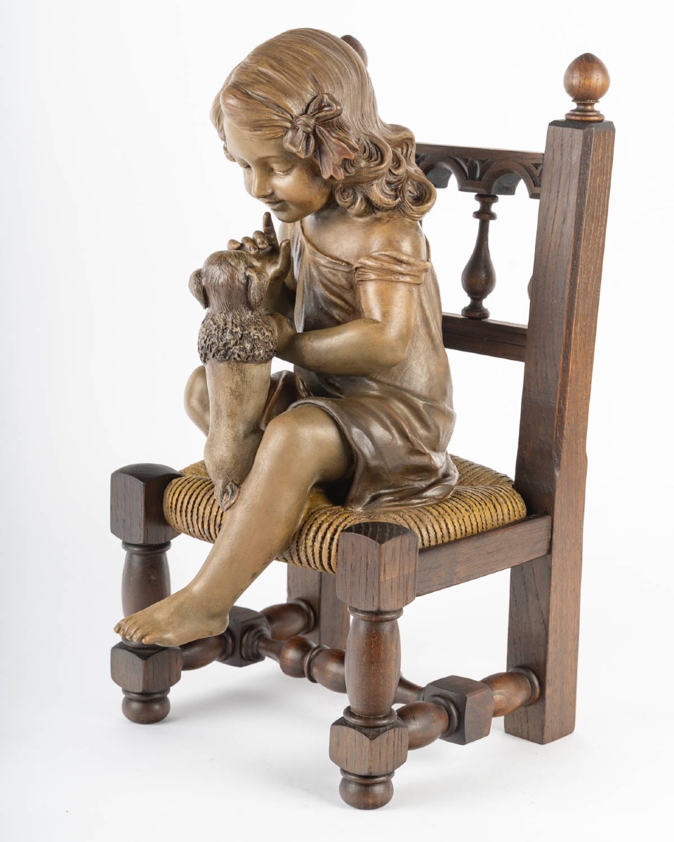 Art Nouveau Terracotta Sculpture - Young Girl With Little Dog-photo-3