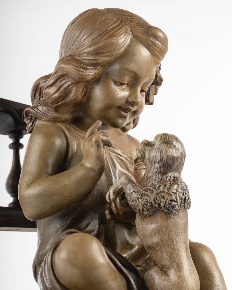 Art Nouveau Terracotta Sculpture - Young Girl With Little Dog-photo-4