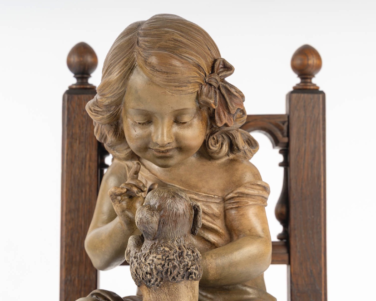 Art Nouveau Terracotta Sculpture - Young Girl With Little Dog-photo-1