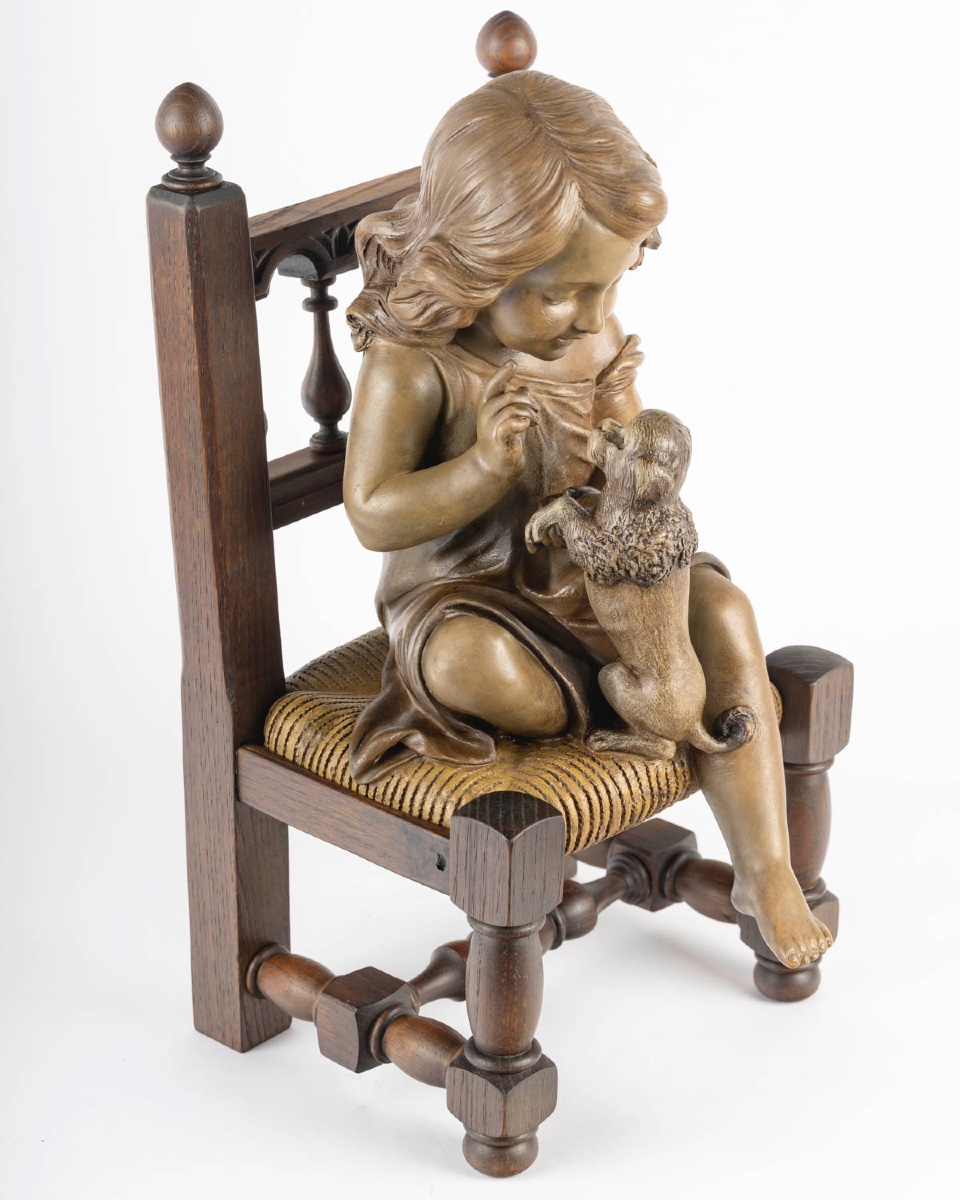 Art Nouveau Terracotta Sculpture - Young Girl With Little Dog-photo-2