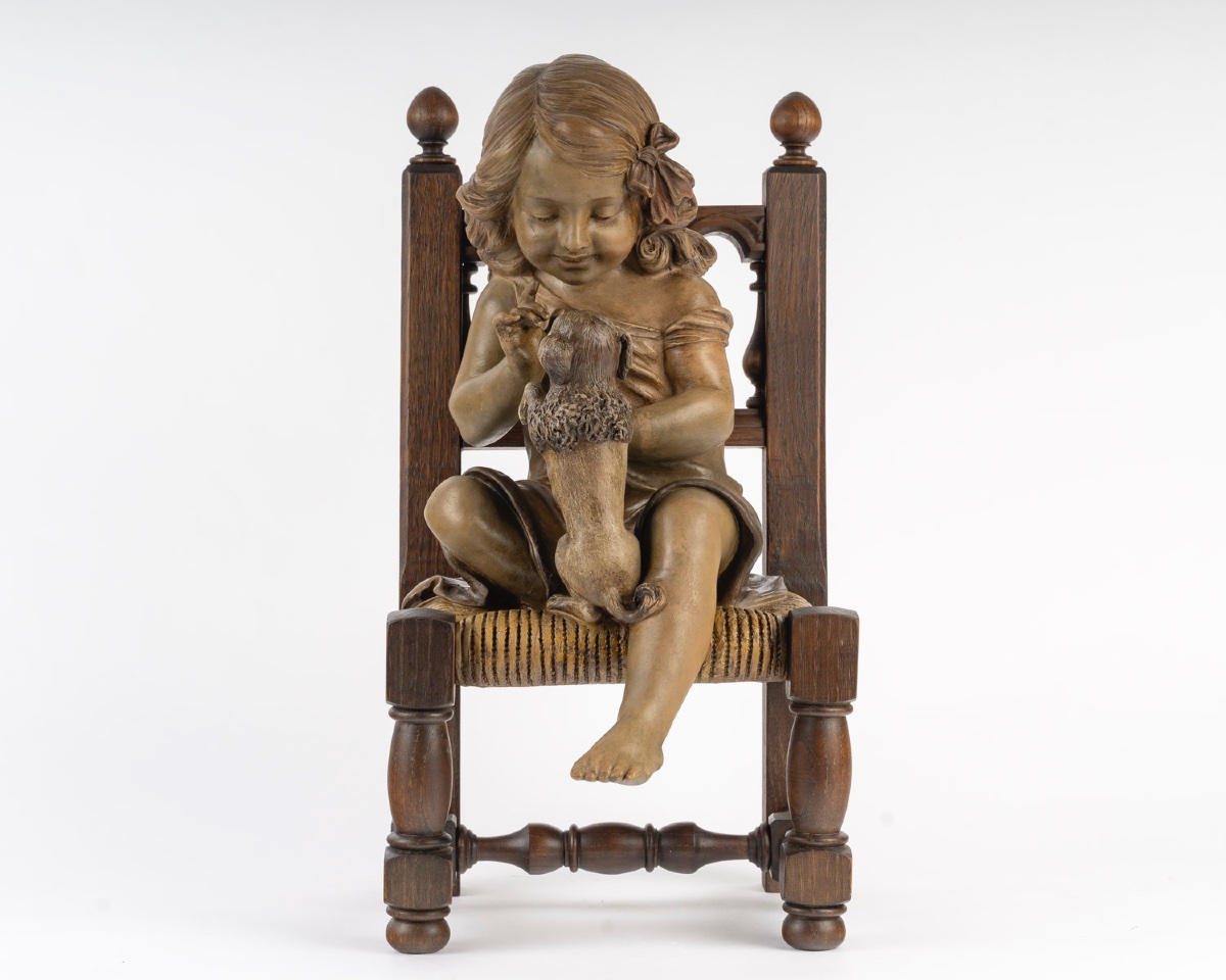 Art Nouveau Terracotta Sculpture - Young Girl With Little Dog