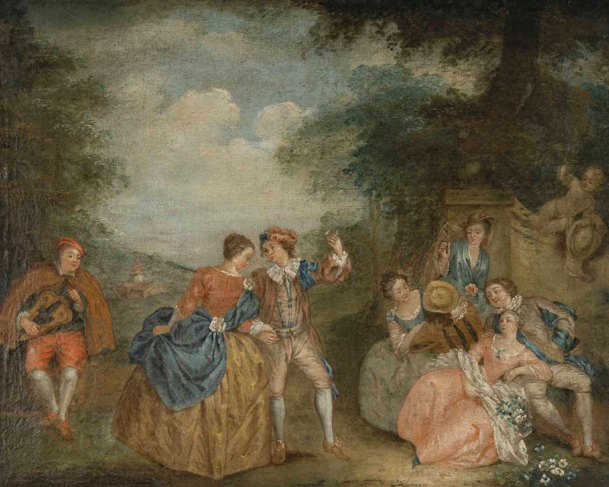 Huile sur toile – Scène galante dans l’esprit de Pater, XVIIIᵉ siècle-photo-2