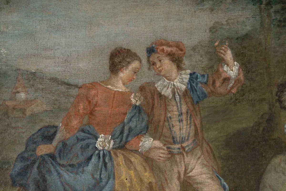 Huile sur toile – Scène galante dans l’esprit de Pater, XVIIIᵉ siècle-photo-4