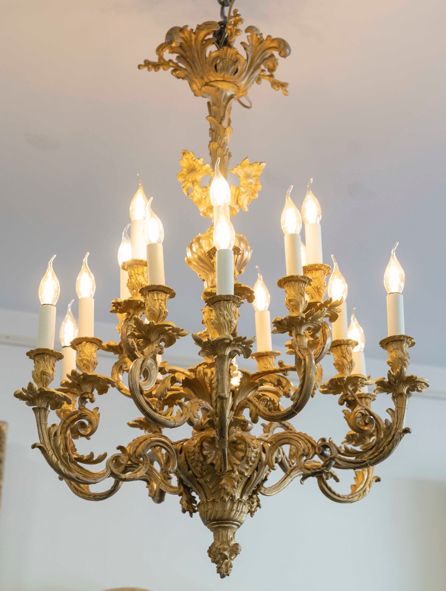 Paire de lustres en bronze doré de style Louis XV  Époque fin du XIXᵉ siècle-photo-3