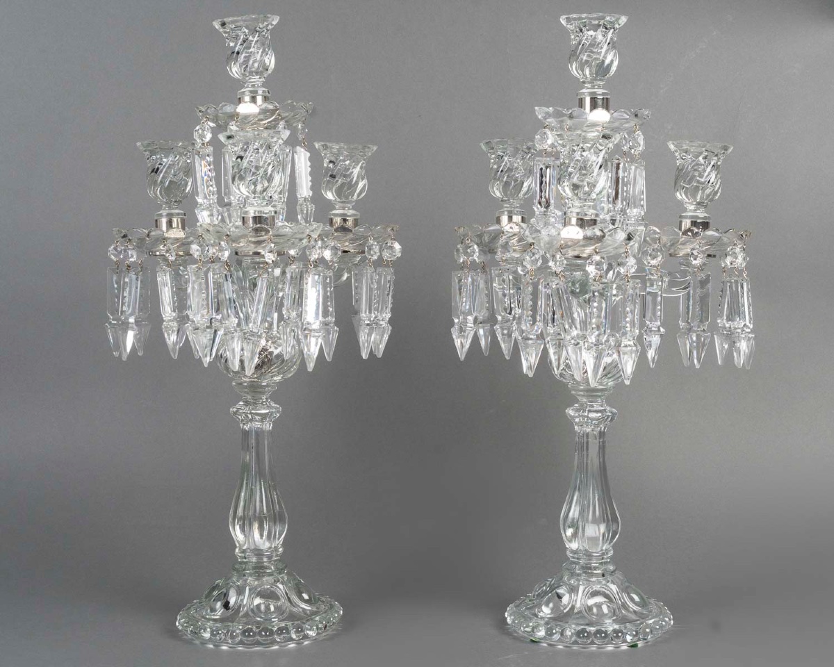 Paire de girandoles à cinq lumières en cristal moulé, France, XXᵉ siècle-photo-4