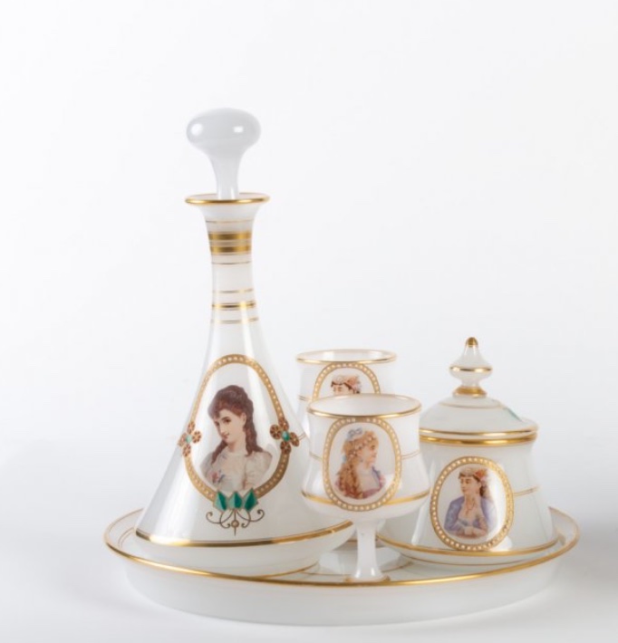White Opaline Night Service Set Featuring Portraits Of Women, Napoleon III Period, Late 19th Century