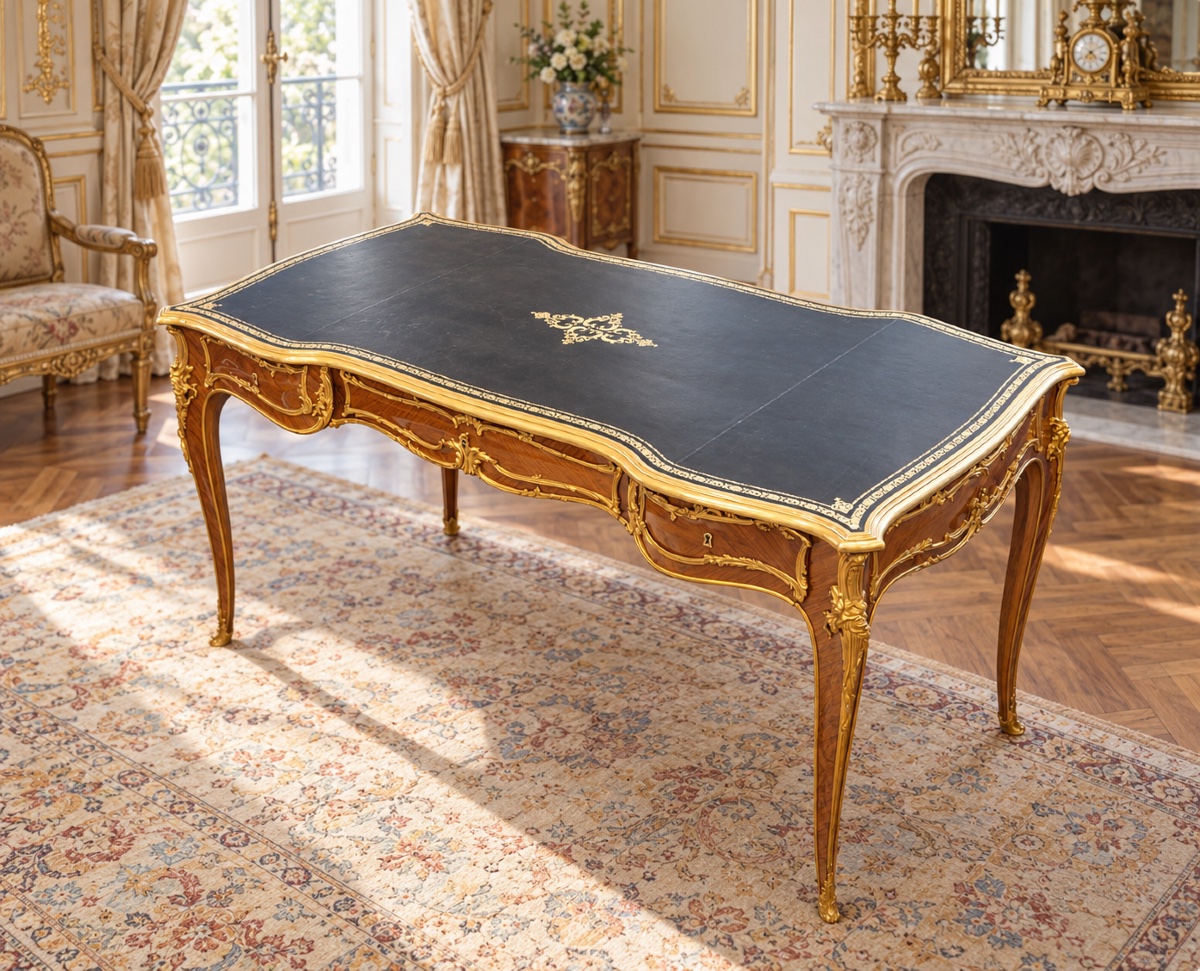 Bureau plat de style Louis XV en bois de violette et bronzes dorés, fin XIXe siècle-photo-2