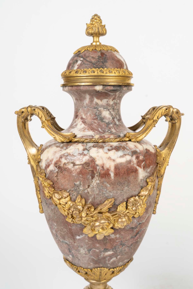 Pair Of Louis XVI-style Cassolettes, Peach-blossom Marble And Gilded Bronze, Late 19th Century-photo-2
