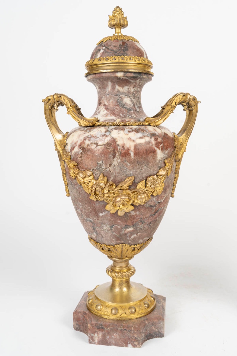 Pair Of Louis XVI-style Cassolettes, Peach-blossom Marble And Gilded Bronze, Late 19th Century-photo-3