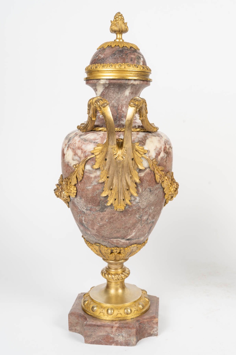 Pair Of Louis XVI-style Cassolettes, Peach-blossom Marble And Gilded Bronze, Late 19th Century-photo-2