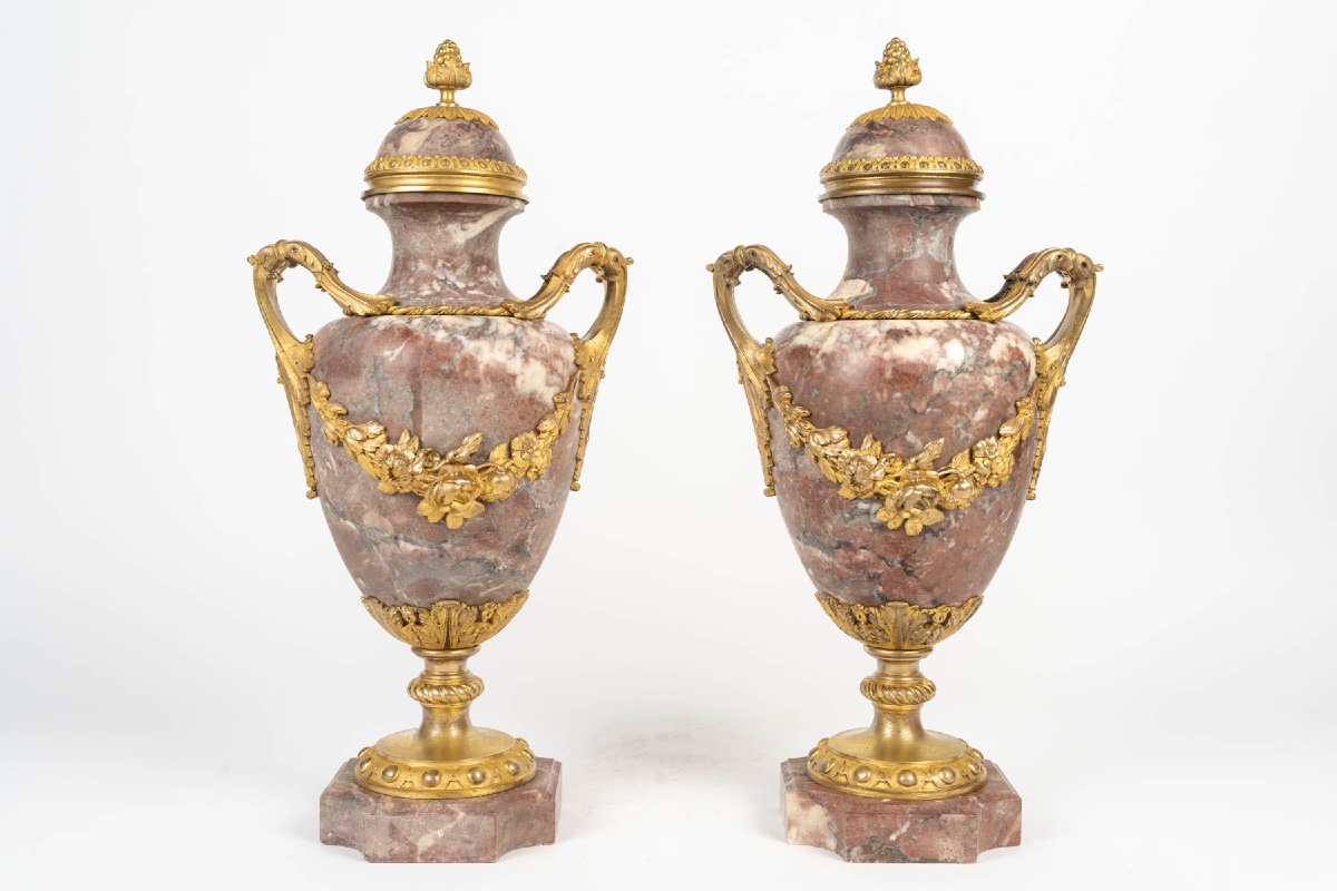 Pair Of Louis XVI-style Cassolettes, Peach-blossom Marble And Gilded Bronze, Late 19th Century-photo-3