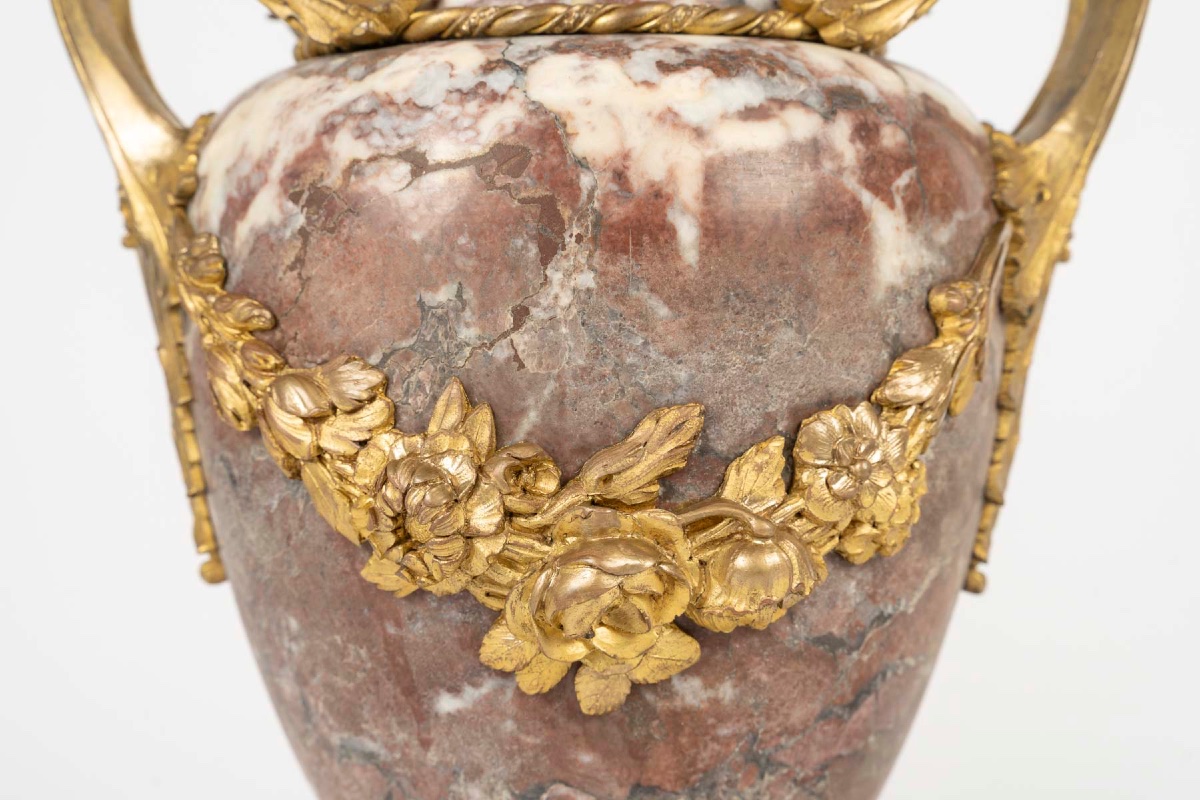 Pair Of Louis XVI-style Cassolettes, Peach-blossom Marble And Gilded Bronze, Late 19th Century-photo-5