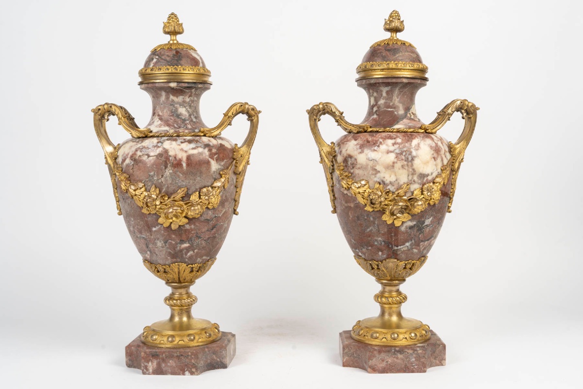 Pair Of Louis XVI-style Cassolettes, Peach-blossom Marble And Gilded Bronze, Late 19th Century