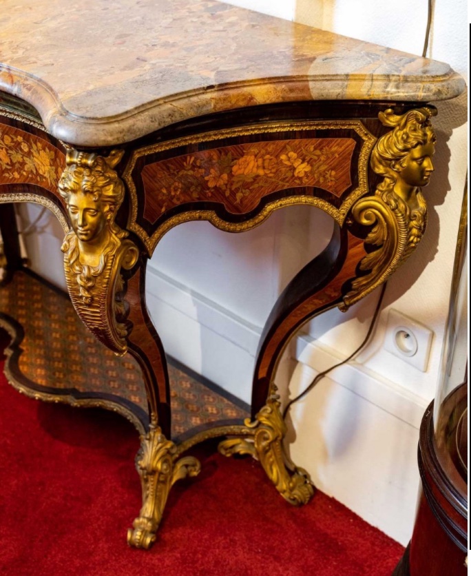 Regency-style Console Table With Floral Marquetry And Gilded Bronze, From The Napoleon III-photo-3