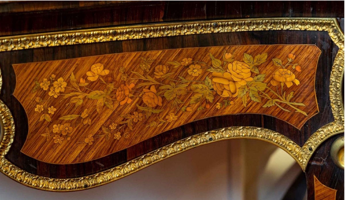 Regency-style Console Table With Floral Marquetry And Gilded Bronze, From The Napoleon III-photo-2