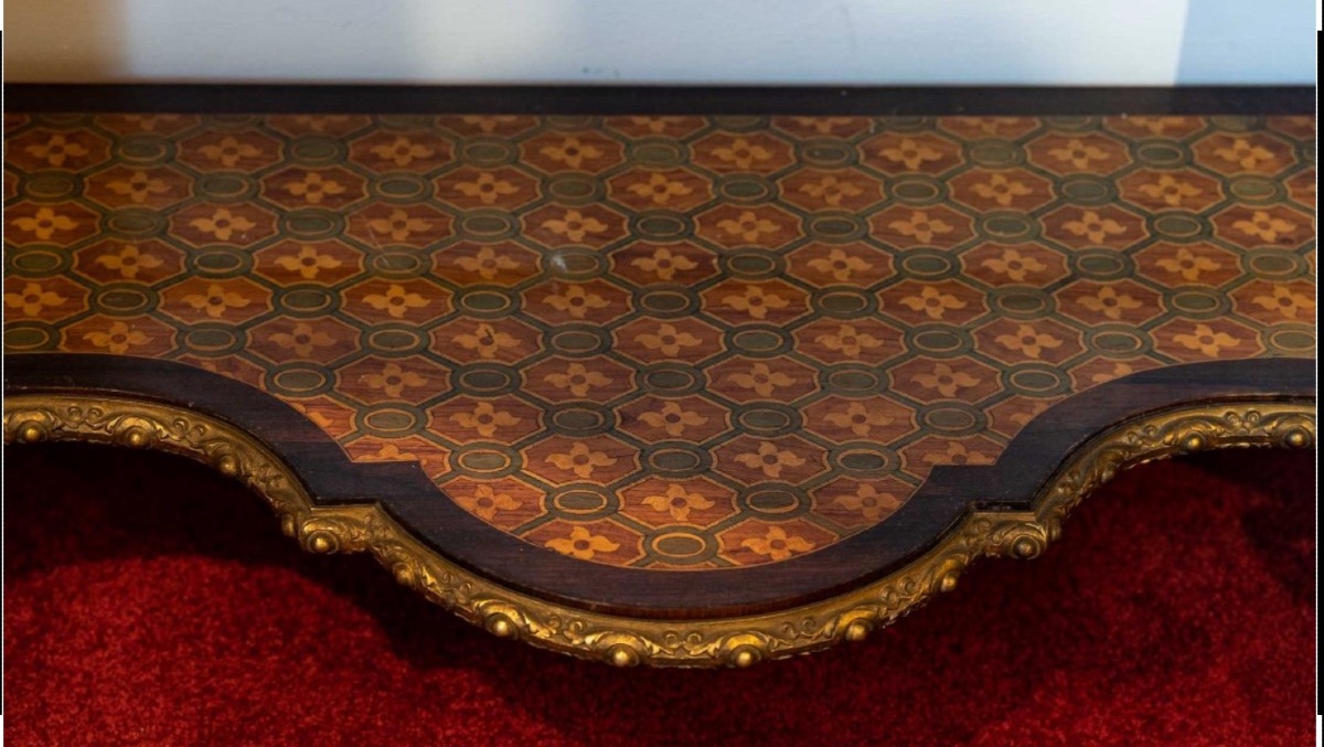 Regency-style Console Table With Floral Marquetry And Gilded Bronze, From The Napoleon III-photo-4