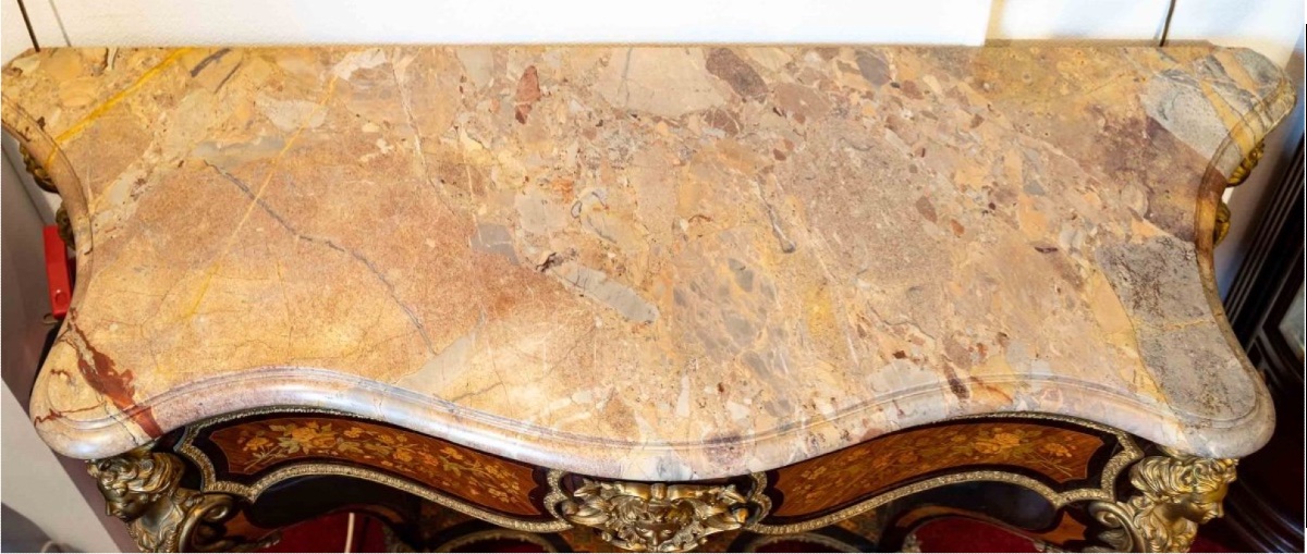 Regency-style Console Table With Floral Marquetry And Gilded Bronze, From The Napoleon III-photo-5