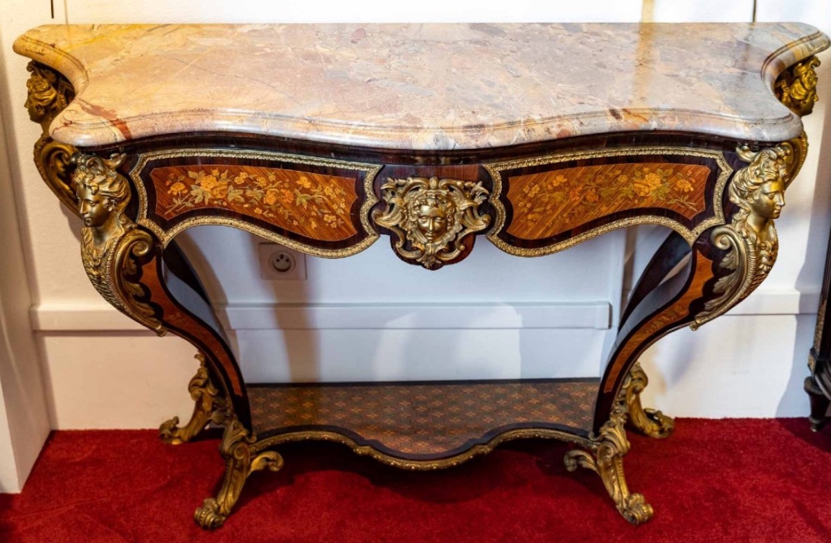 Regency-style Console Table With Floral Marquetry And Gilded Bronze, From The Napoleon III