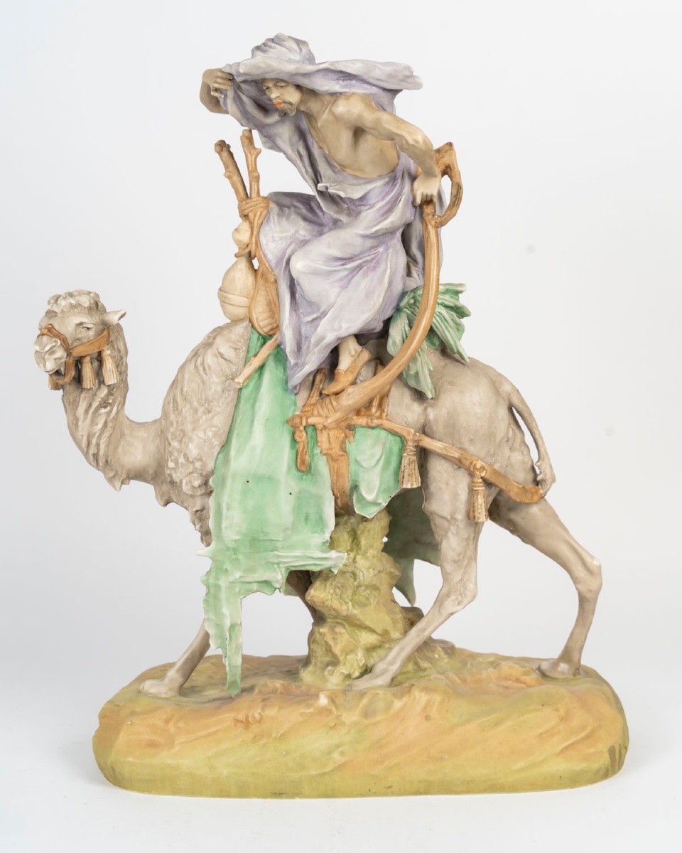 Amphora — The Camel Driver, An Orientalist Sculpture In Polychrome Porcelain, Circa 1900