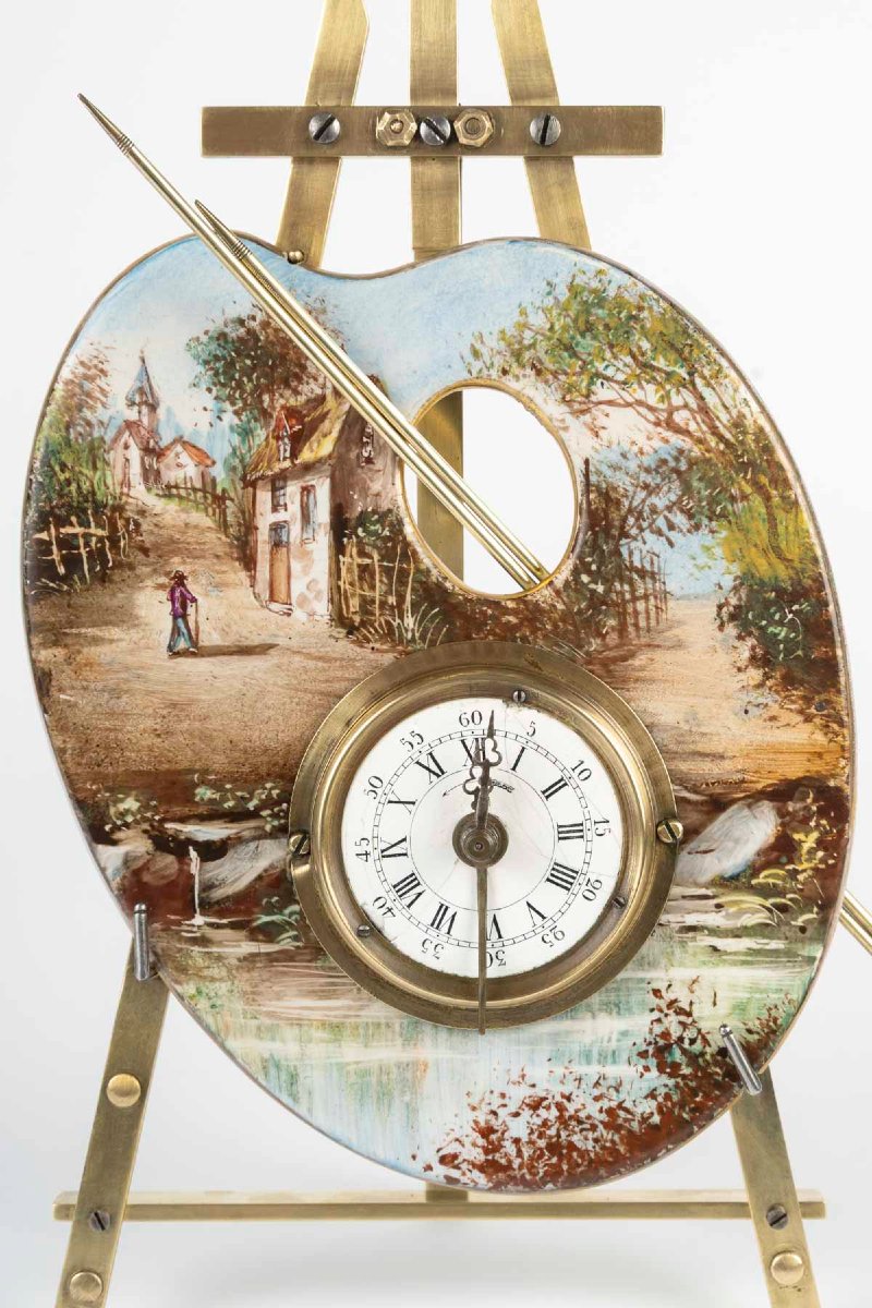 Pendule palette de peintre Art Nouveau, porcelaine et bronze doré, vers 1900-photo-2