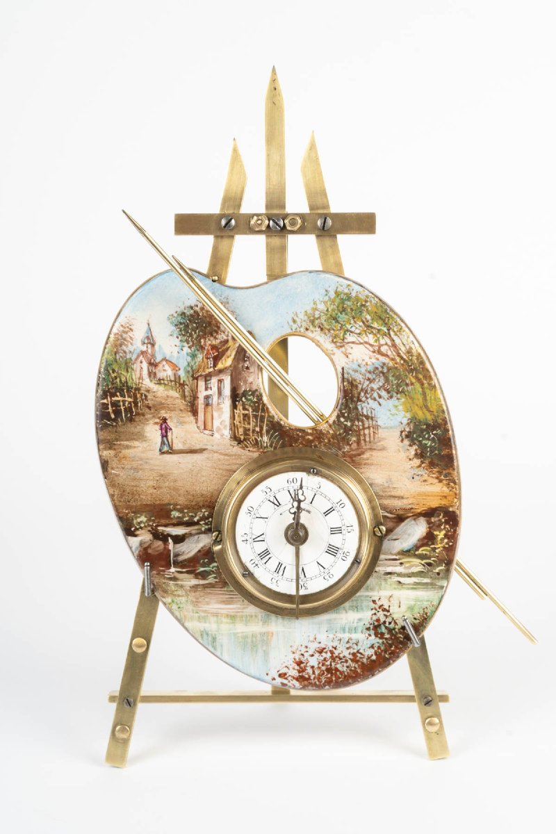 Pendule palette de peintre Art Nouveau, porcelaine et bronze doré, vers 1900